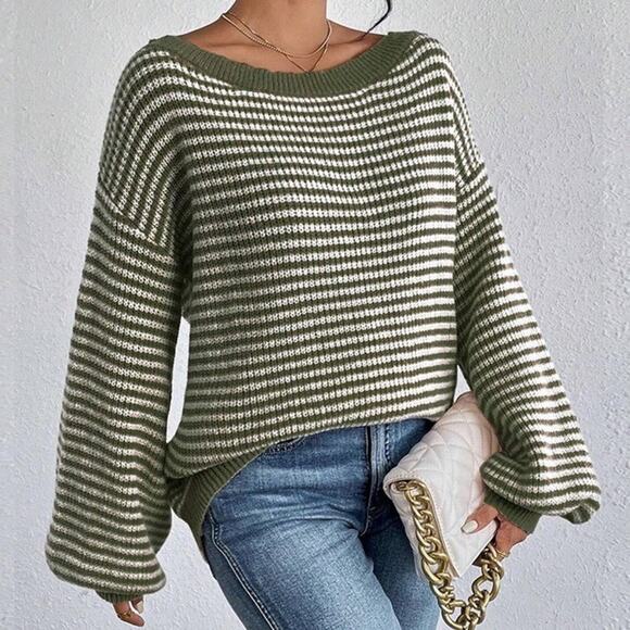 NWT Cupshe Women’s Small Oversized Striped Knit Off Shoulder Sweater Top Green - Picture 4 of 7